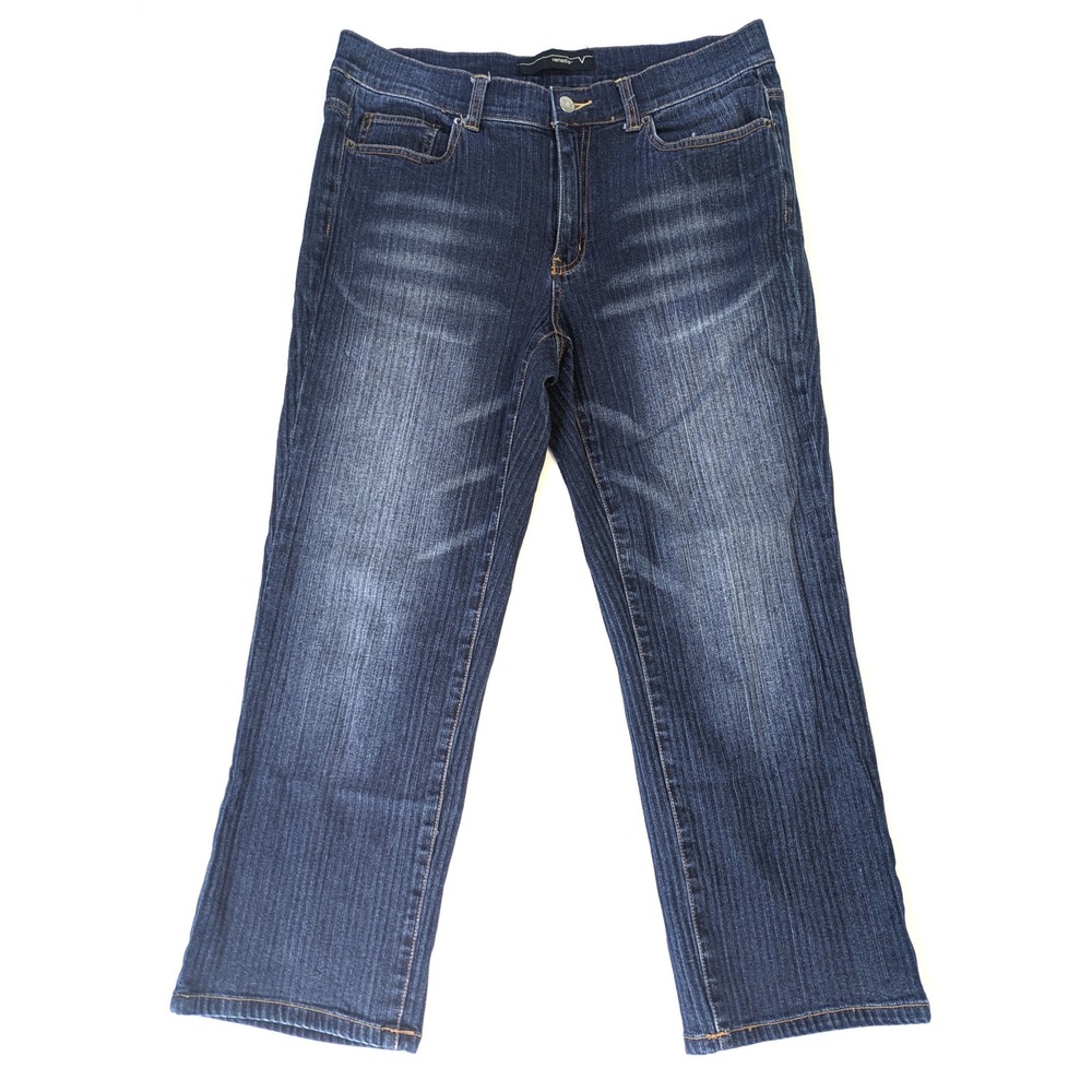 Venezia Blue Pinstripe Textured Denim Jeans Women's Size 14 Dark Wash Crop